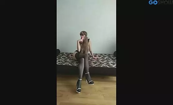 Teasing Temptress in Black Stockings and Sandals Passionate Orgasm Delight